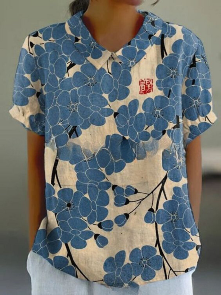 MARLENE™ vintage print shirt, blue floral print with cream background and pointed collar