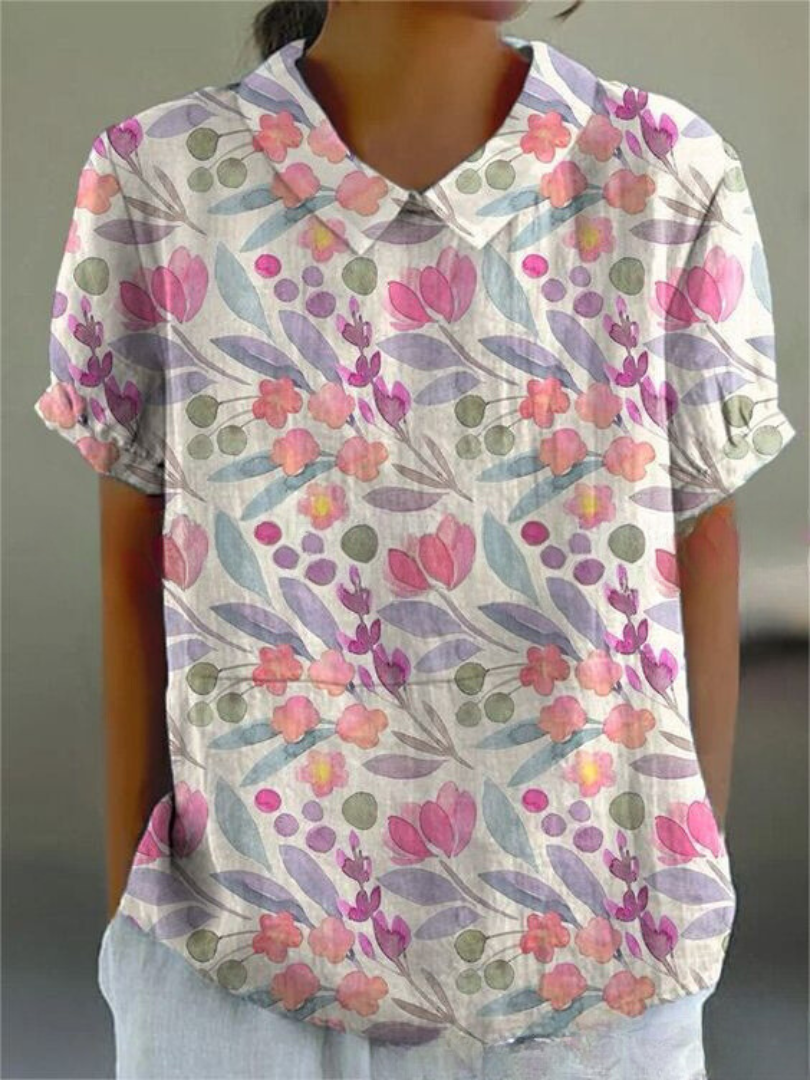 MARLENE™ vintage print shirt, white with coral and multicolor flower print and collar
