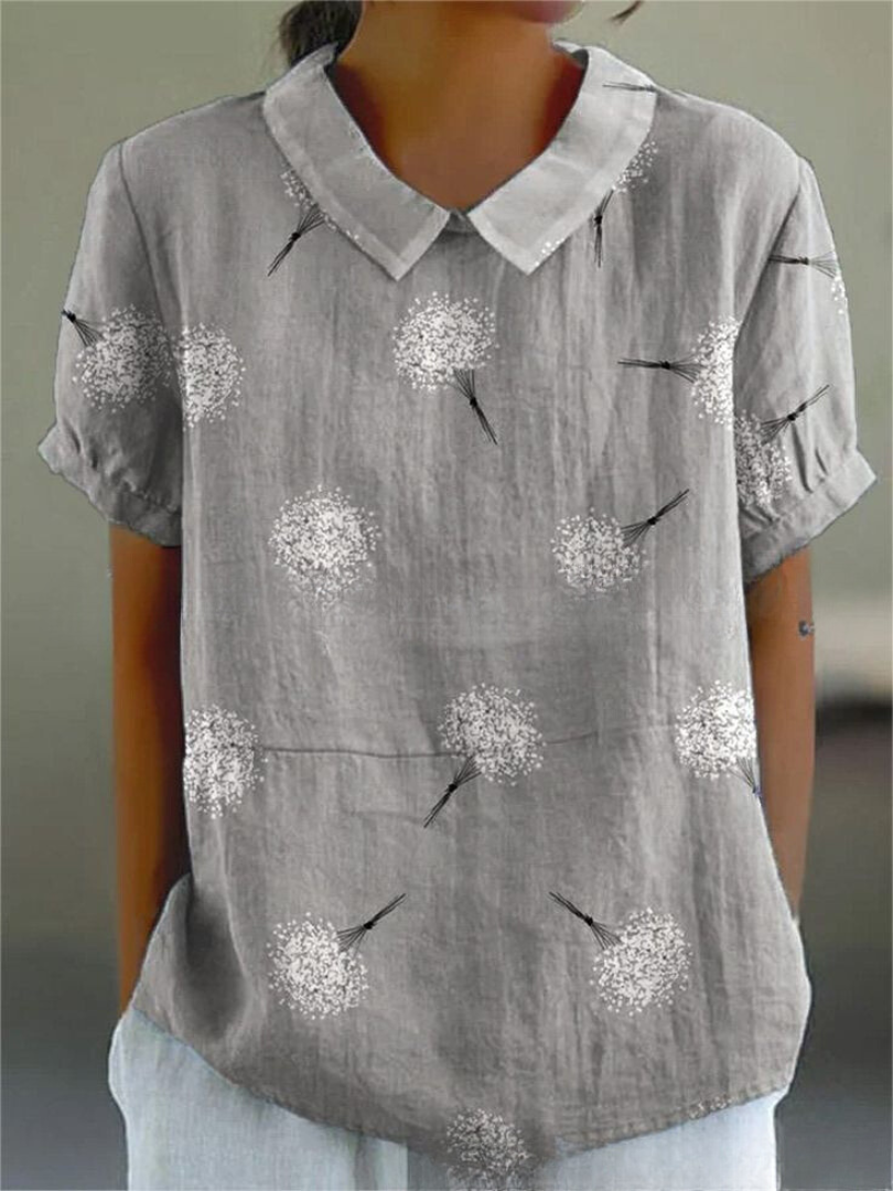 Women’s vintage print shirt, light gray with white dandelion-like motifs, V-neck short sleeves