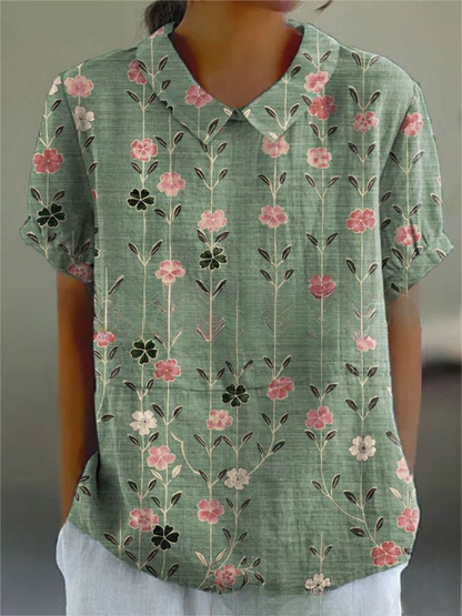 Women’s vintage floral print shirt, green with pink and white blossoms, V-neck and short sleeves
