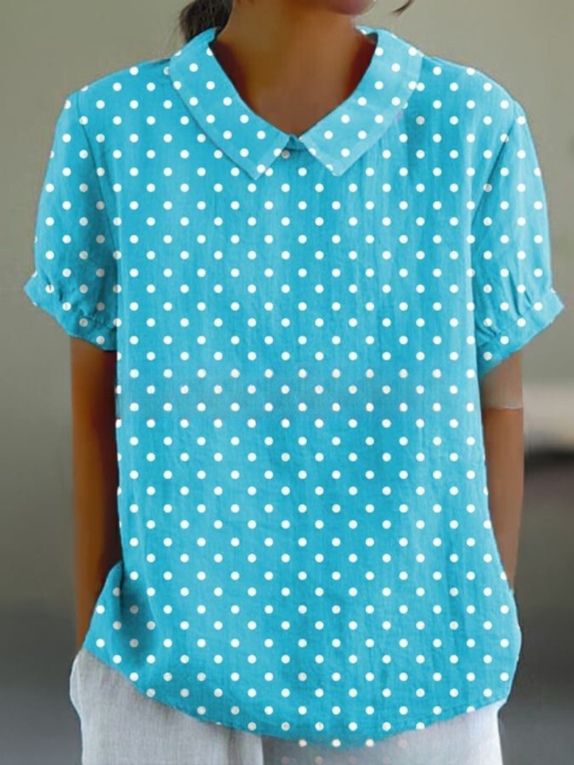 Women’s vintage print shirt, turquoise blue with white polka dots, V-neck and short sleeves
