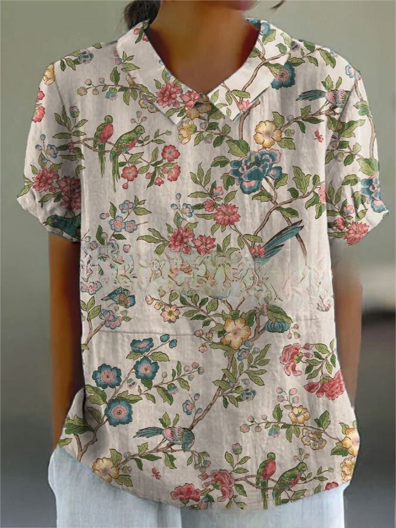 MARLENE™ vintage print shirt, white with colorful bird and flower print and collar