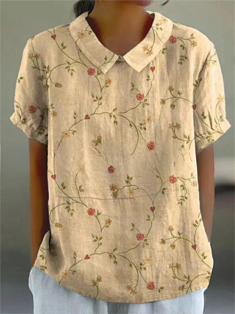 MARLENE™ vintage print shirt, cream with red and green vine floral print and collar