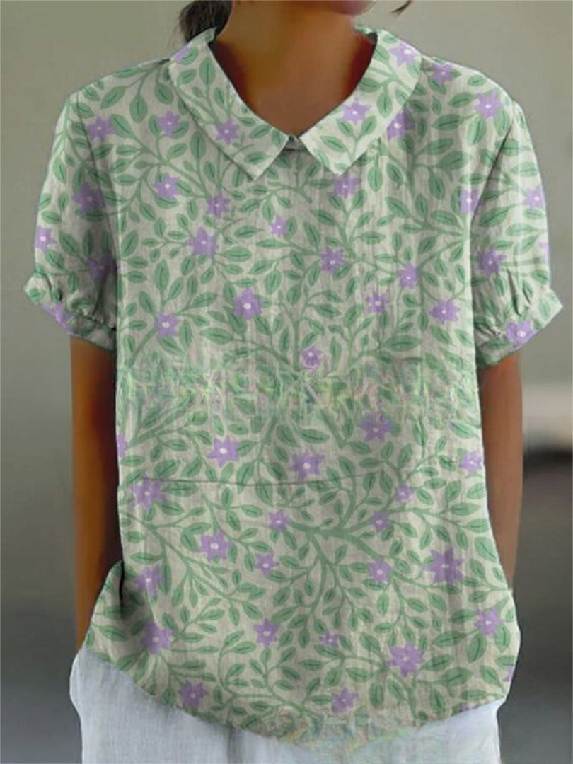 MARLENE™ vintage print shirt, light green with purple floral leaf print and collar