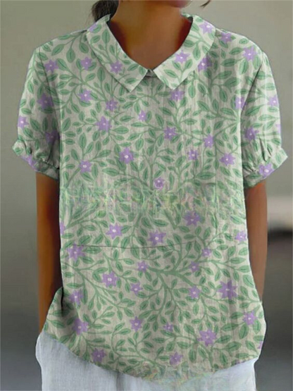 MARLENE™ vintage print shirt, light green with purple floral leaf print and collar