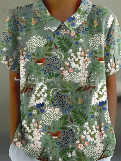 Women’s vintage floral print shirt, green with blue and white flowers and birds, V-neck short sleeves