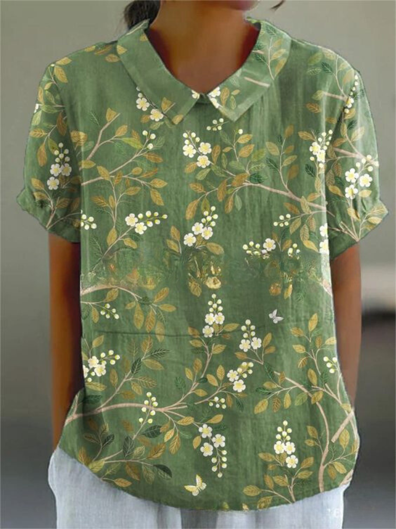 MARLENE™ vintage print shirt, deep green with cream daisy and leaf print and collar