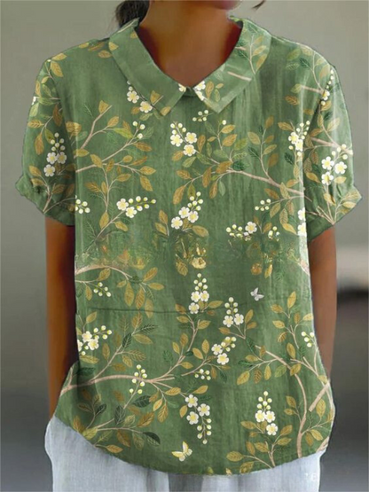 MARLENE™ vintage print shirt, deep green with cream daisy and leaf print and collar