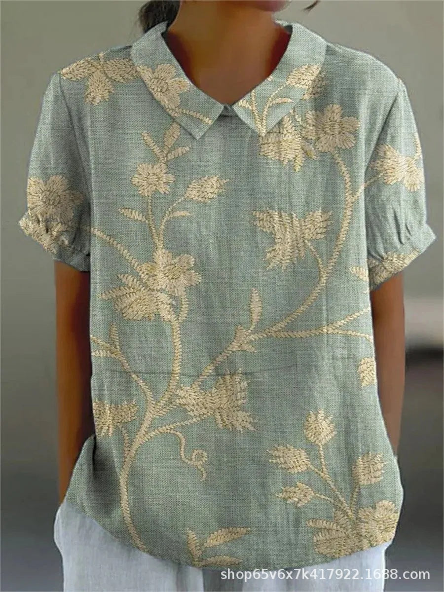 MARLENE™ vintage print shirt, light green with gold floral pattern and collar