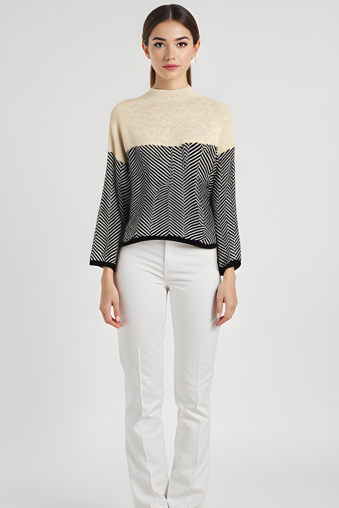Two-tone high-neck pullover, cream with black-and-white zigzag yoke