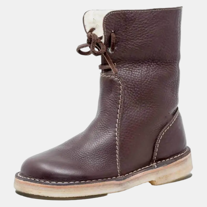 Dark brown winter boots with lace-up ties, cushioned collar and stitched panels