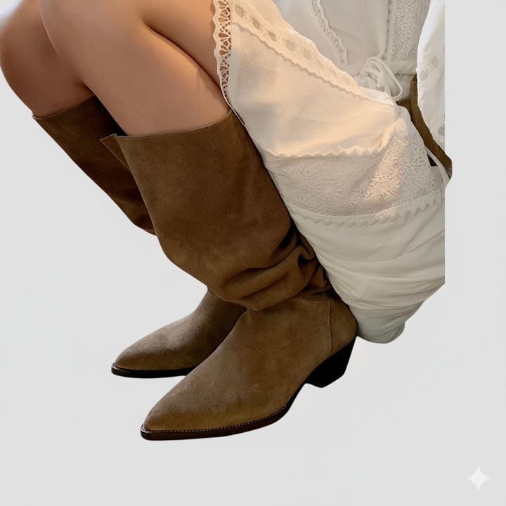 Thea suede retro autumn boots, khaki, tall slouch boots with block heel