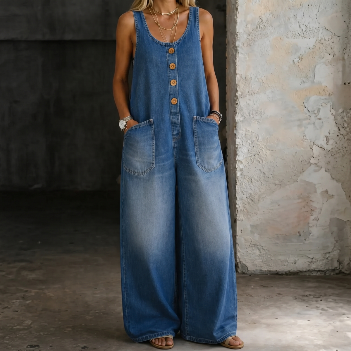Blue washed cotton denim overalls, sleeveless with button-front and two chest pockets