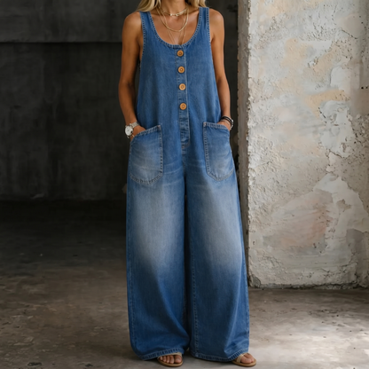 Blue washed cotton denim overalls, sleeveless with button-front and two chest pockets