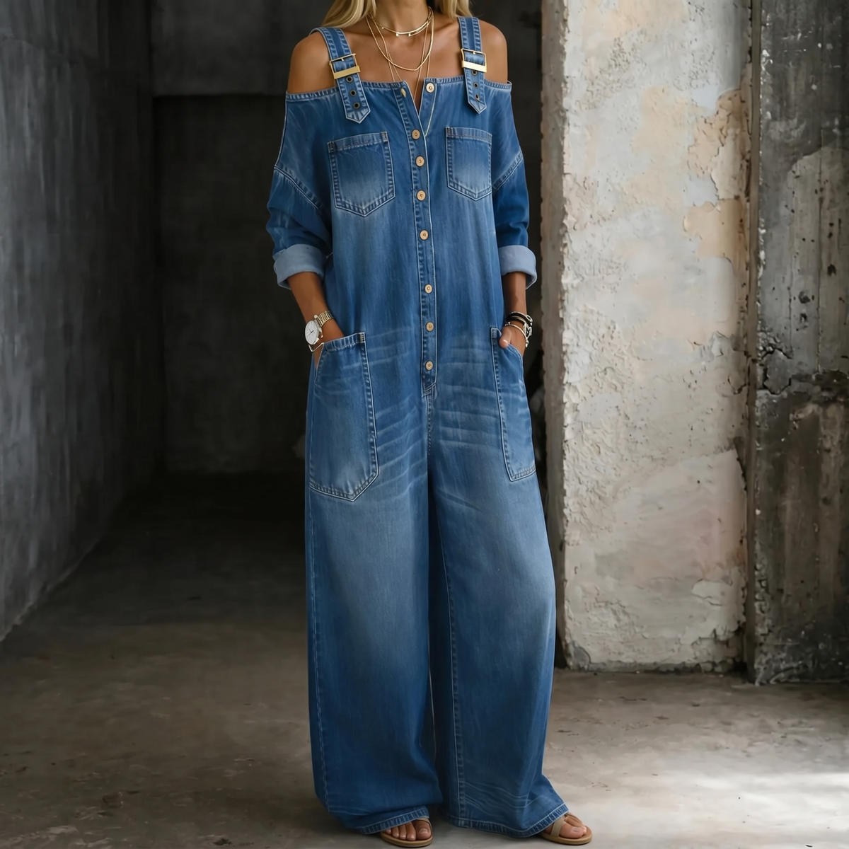 Blue off-shoulder denim jumpsuit with button front, chest pockets, wide-leg fit.