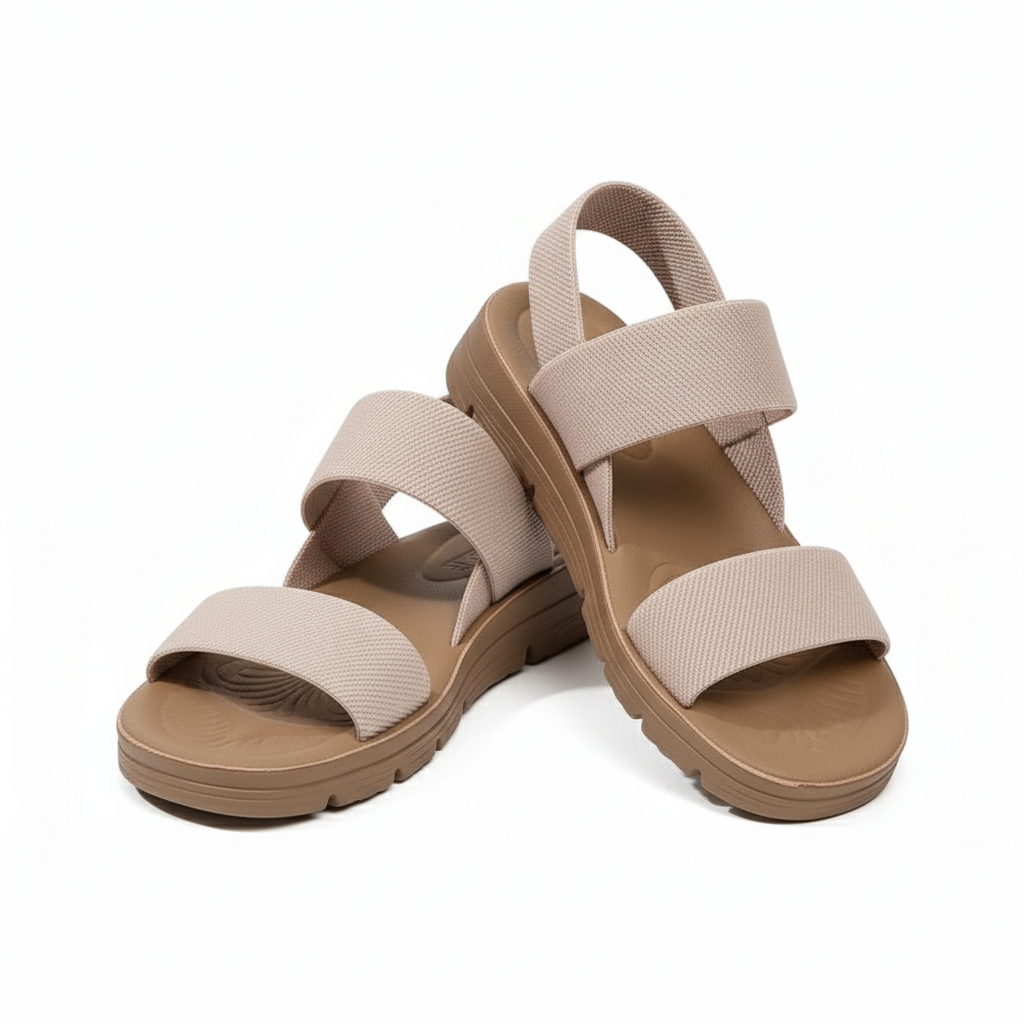 Khaki orthopedic slide sandals with multiple wide fabric straps and padded footbed