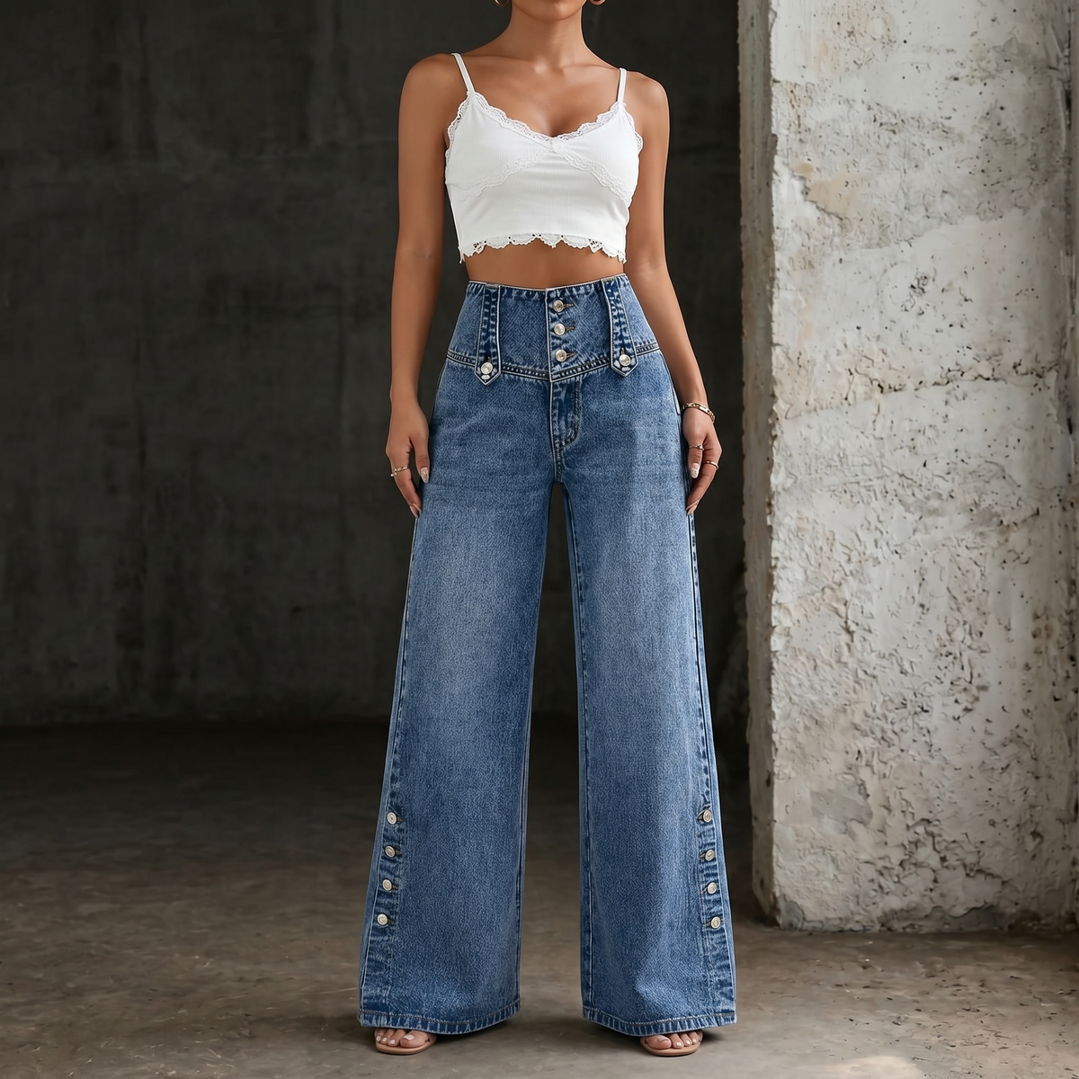 High-waist blue denim wide-leg jeans with front button detailing and pockets