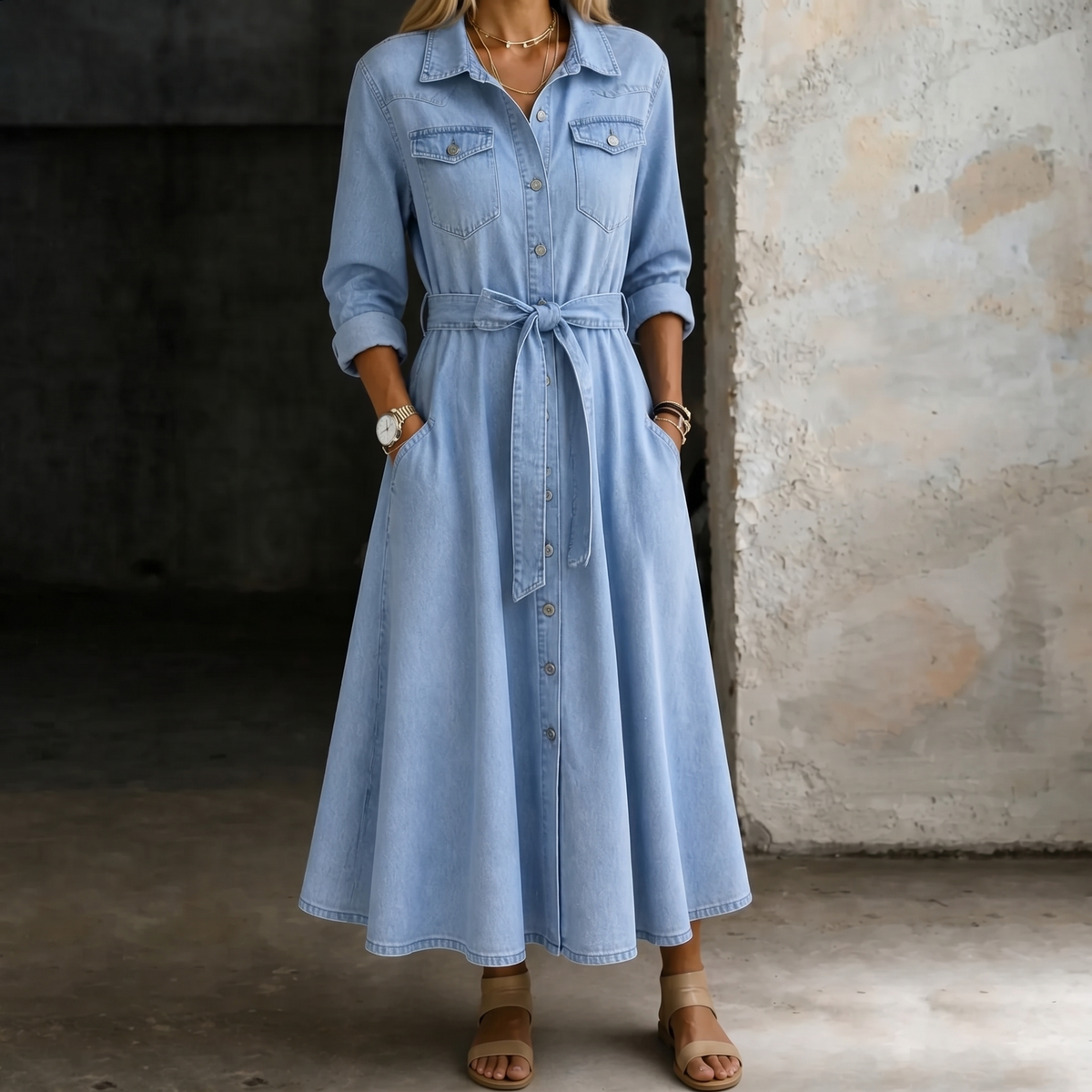 Light blue long-sleeve denim dress with button front, chest pockets, tied waist