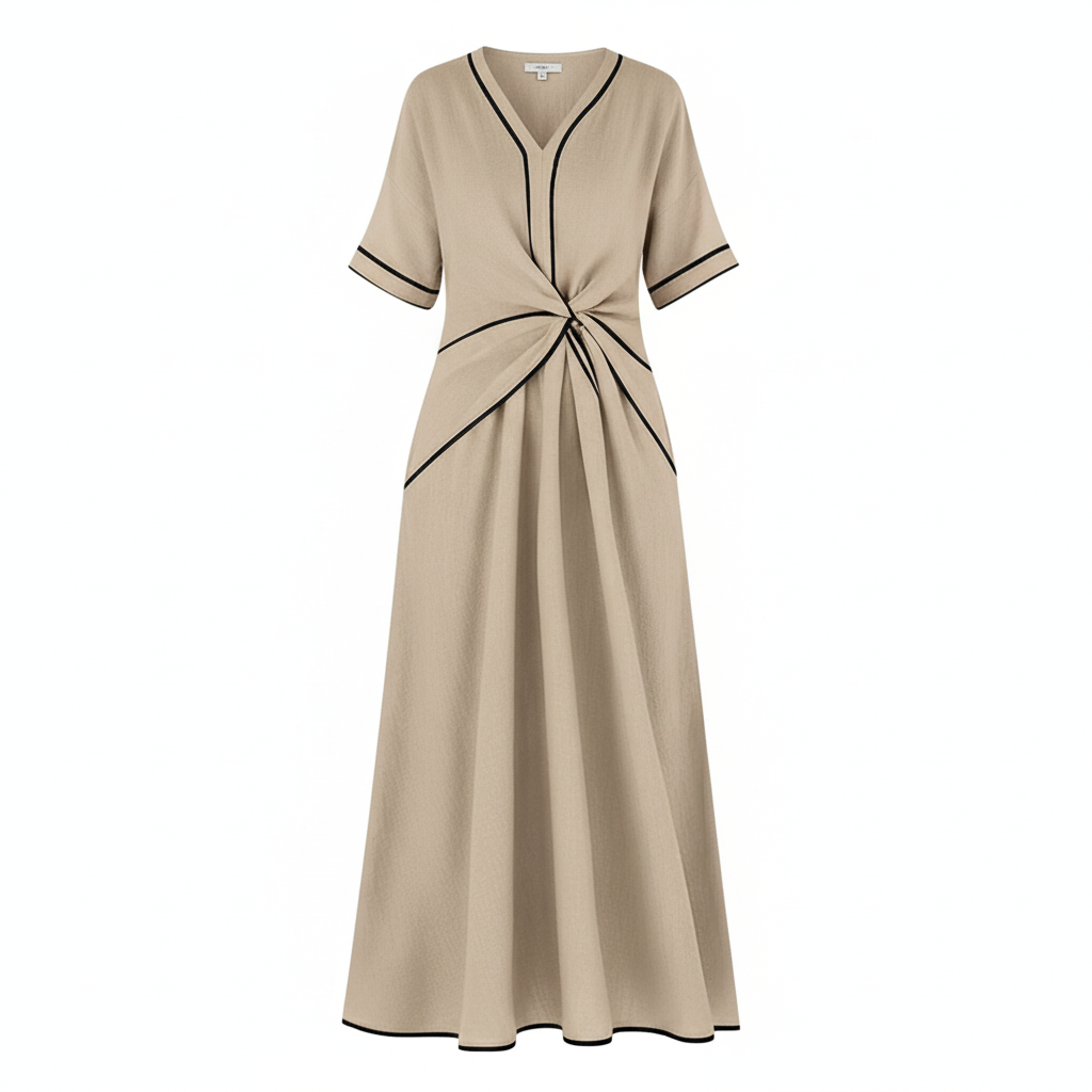 Beige twist-front V-neck maxi dress with short sleeves and black trim edging