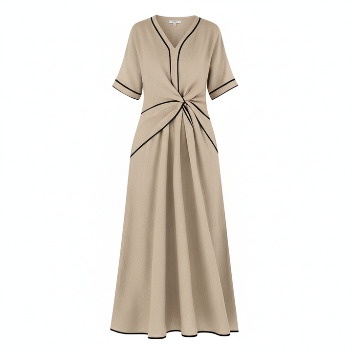 Beige twist-front V-neck maxi dress with short sleeves and black trim edging