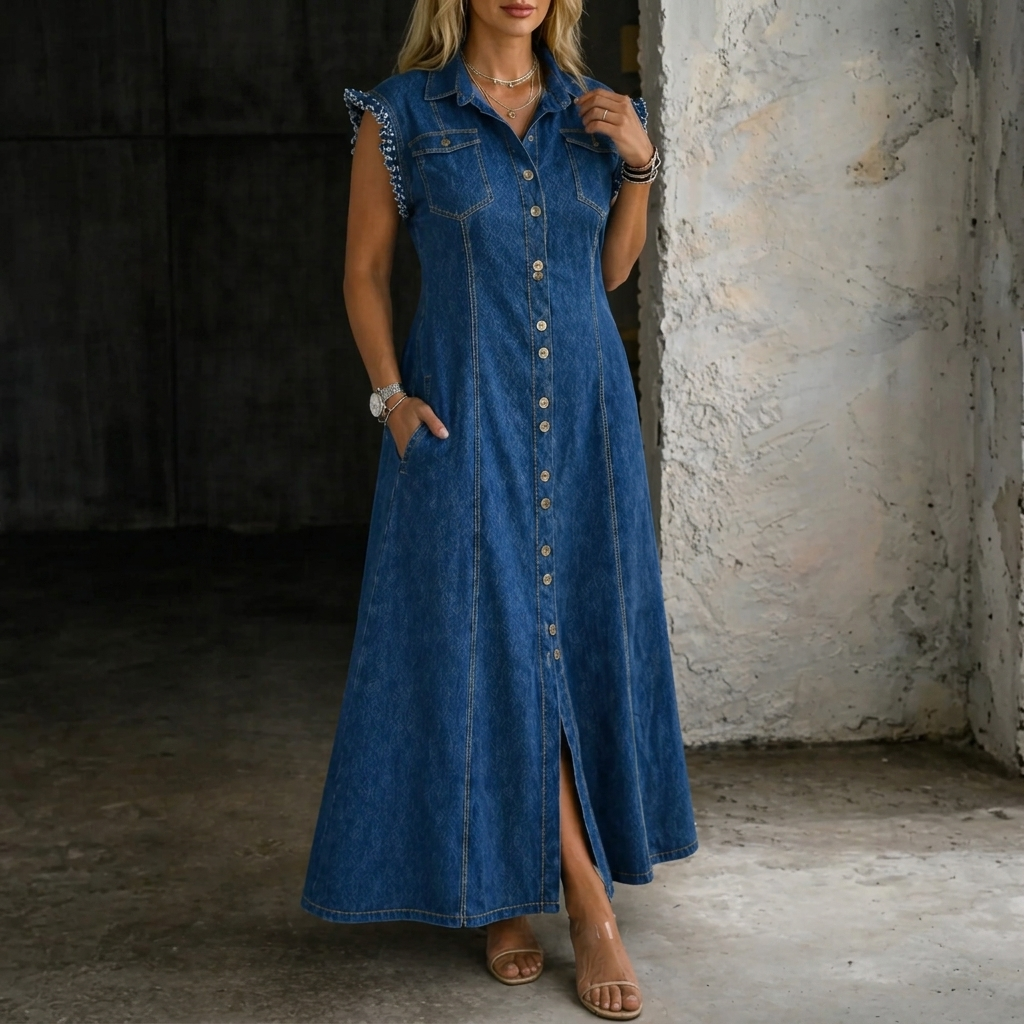 Medium-wash sleeveless denim dress with button front, pointed collar, side slit