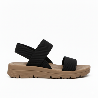 Black orthopedic sandals with two wide straps and a cushioned platform sole