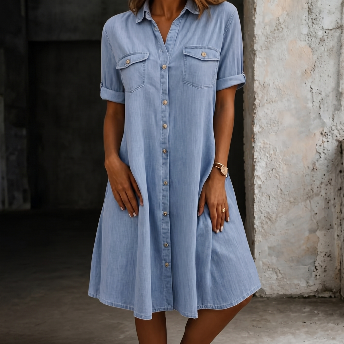 Light blue denim midi dress with short sleeves, button front, and chest flap pockets
