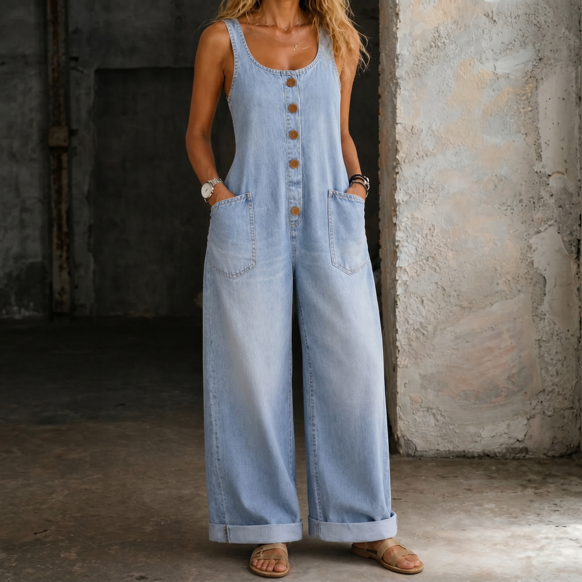 Light blue washed denim overalls with button-front bib and two front patch pockets