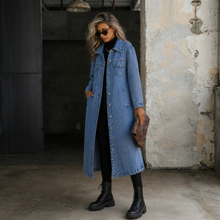 Maya | Stylish Long Denim Jacket Lawrence Toronto