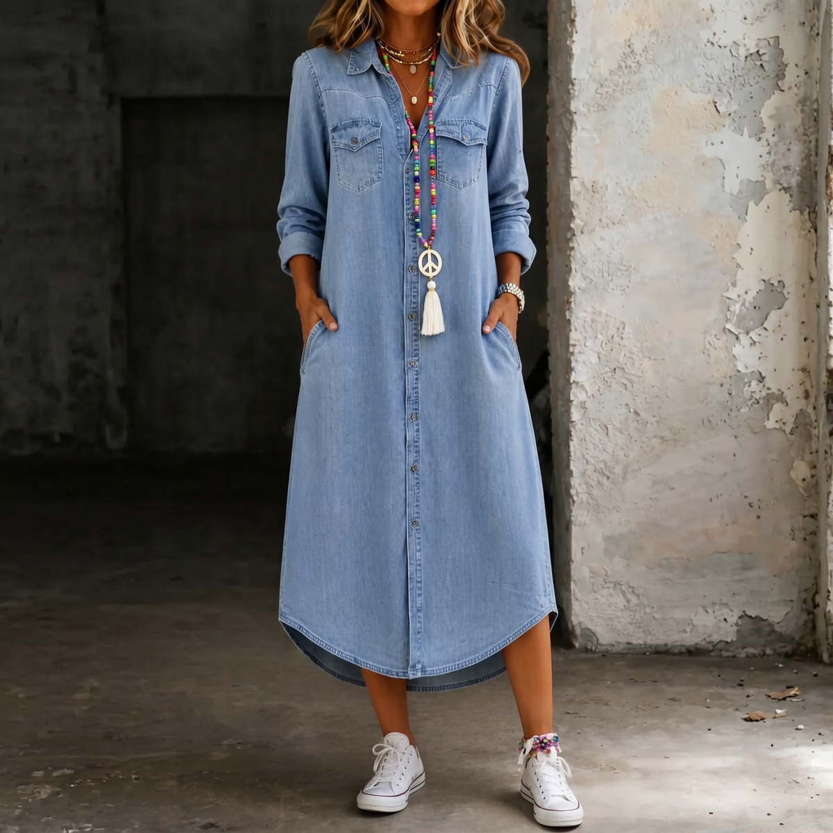 Light blue denim shirt dress, long button-front with collar and chest pockets.