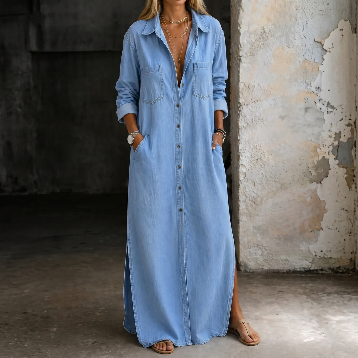 Light blue button-down shirt dress, collar, long sleeves, chest pockets, side slit