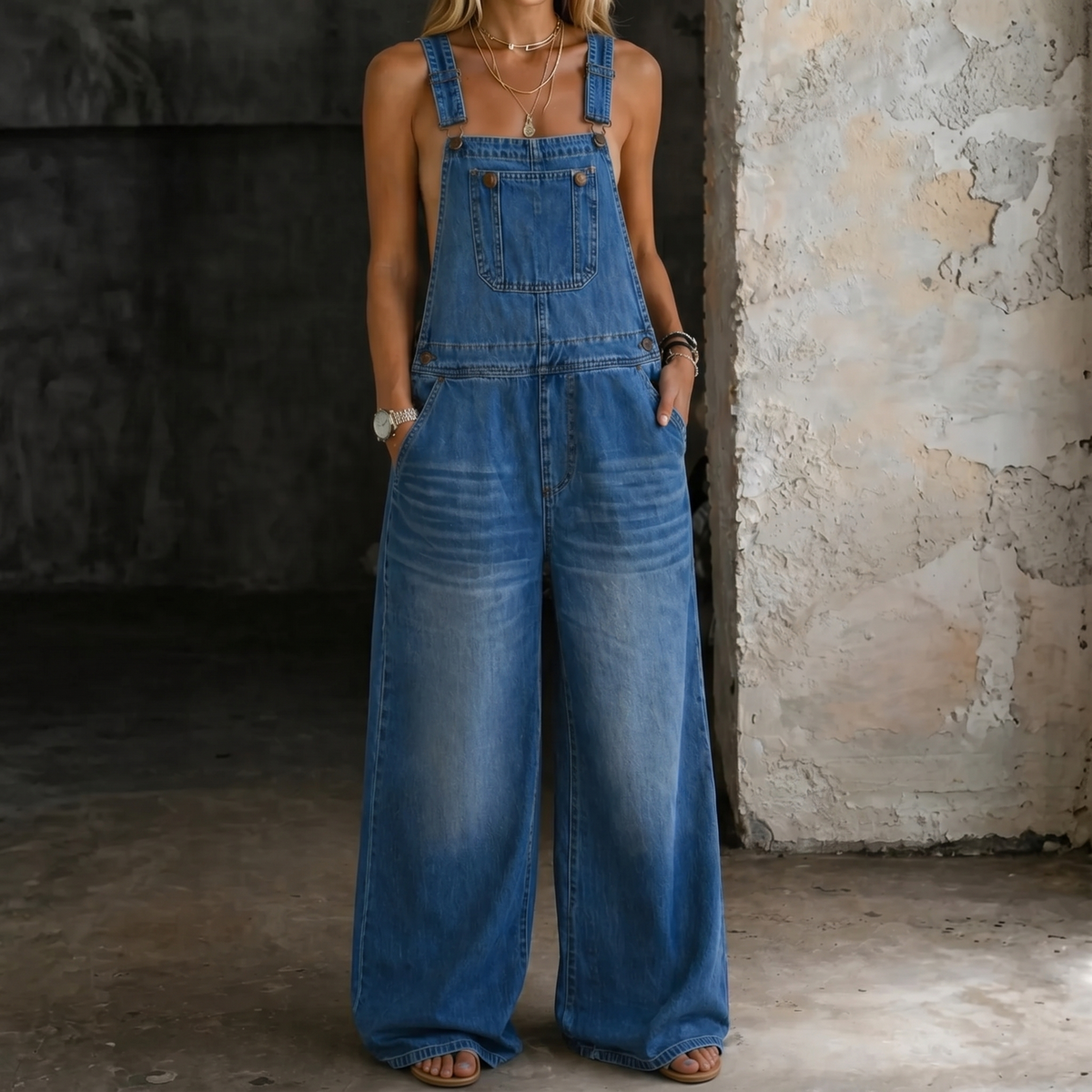 Blue denim elastic-waist jumpsuit with bib pocket and wide-leg overalls
