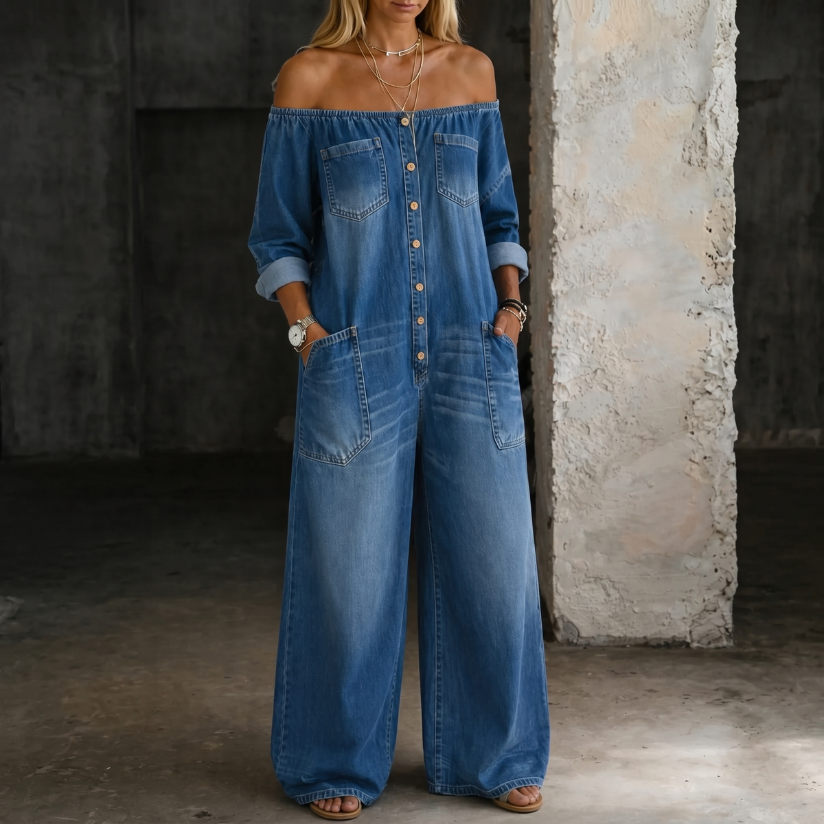 Blue off-shoulder denim jumpsuit with button front and patch pockets