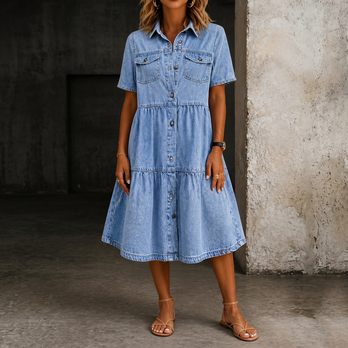 Light blue denim midi dress, short sleeves, button front, tiered skirt, chest pockets