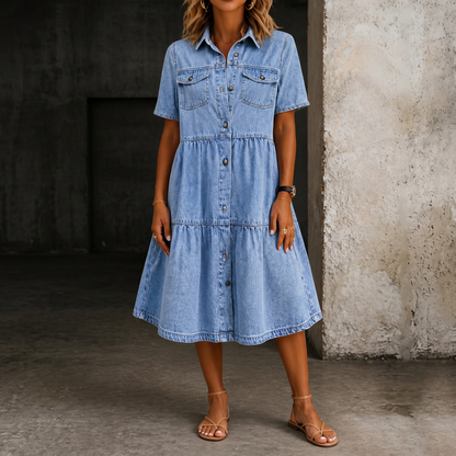Light blue denim midi dress, short sleeves, button front, tiered skirt, chest pockets