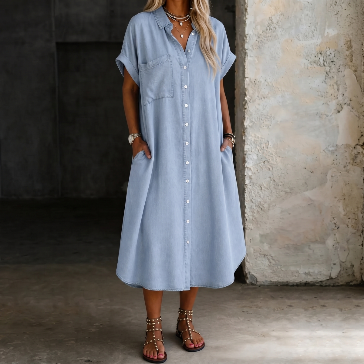 Light blue denim shirt dress, short sleeves, button-front, chest pocket