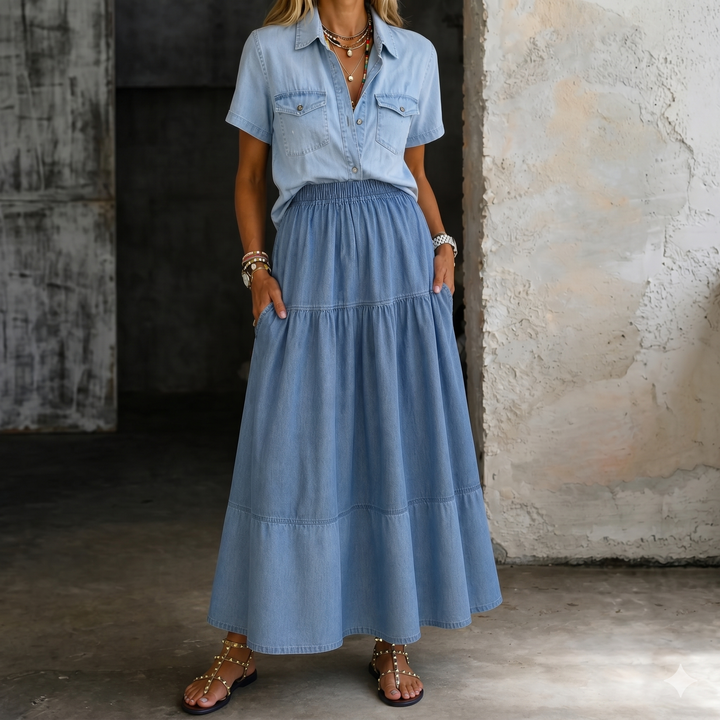 Sarah | Elastic Waist Denim Skirt Lawrence Toronto
