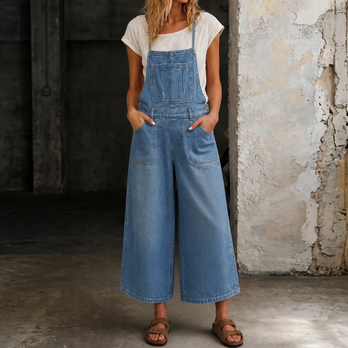 Blue wide-leg suspender jumpsuit with square bib pocket and wide cropped legs
