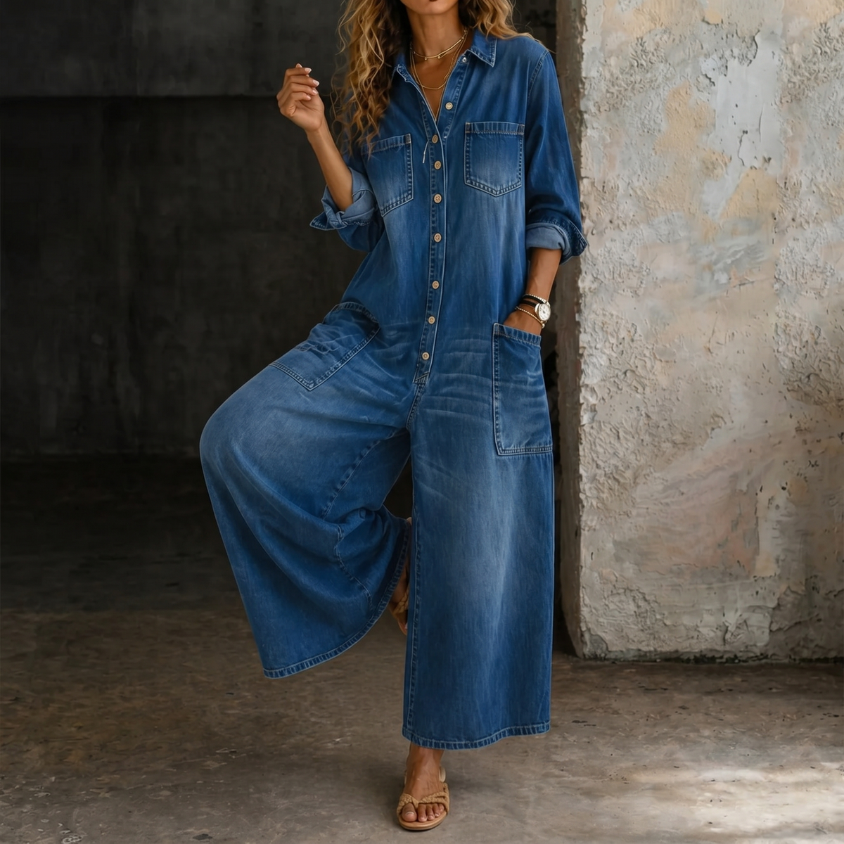 Blue denim jumpsuit with button-front, chest pockets, and relaxed wide-leg fit