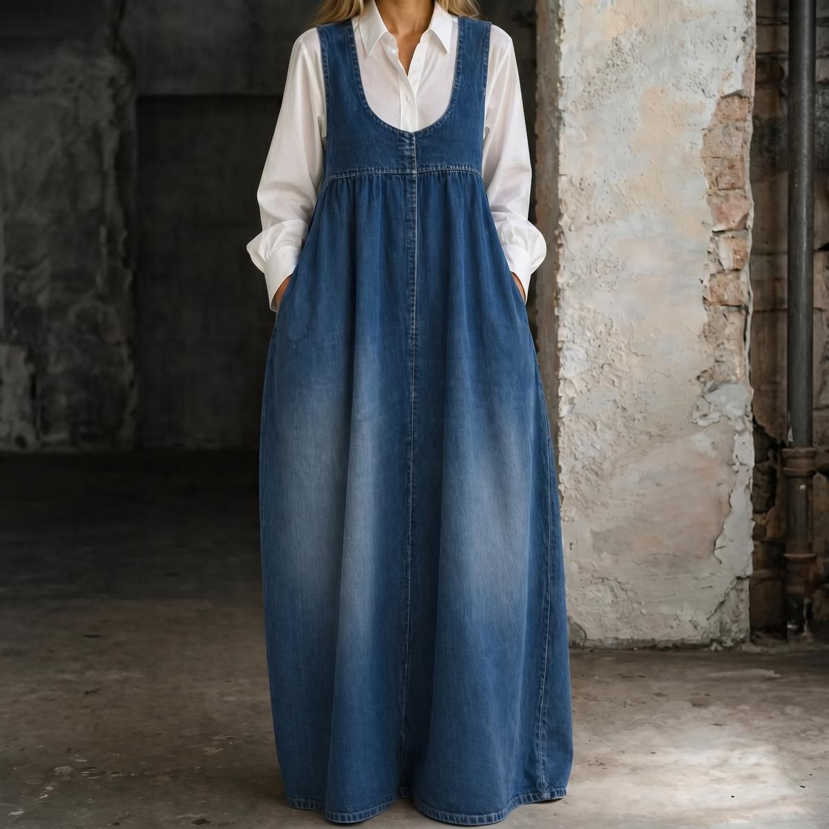 Loose denim vest dress in medium blue with scoop neckline and button front, sleeveless