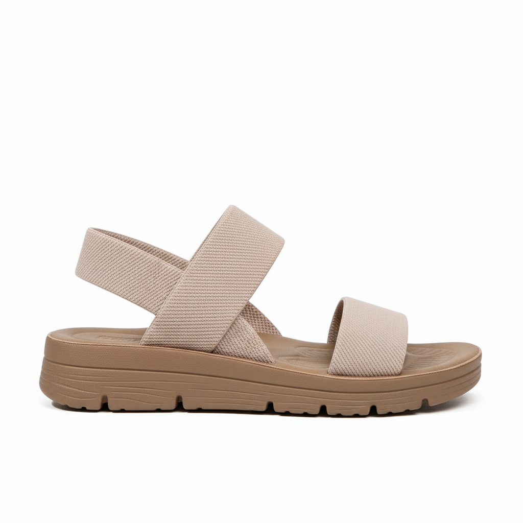 Khaki orthopedic sandals with two wide straps and a cushioned platform sole