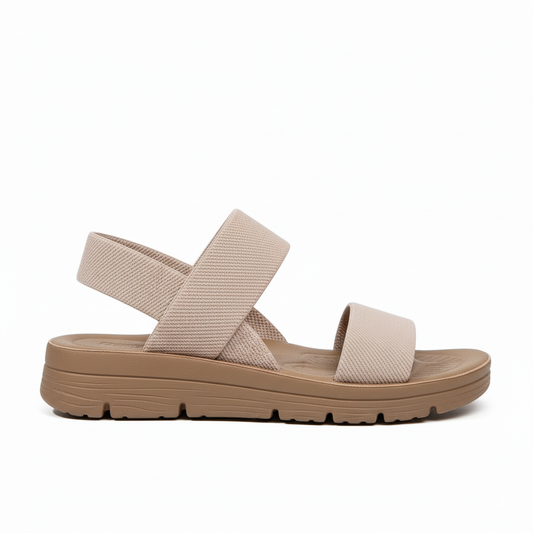 Khaki orthopedic sandals with two wide straps and a cushioned platform sole