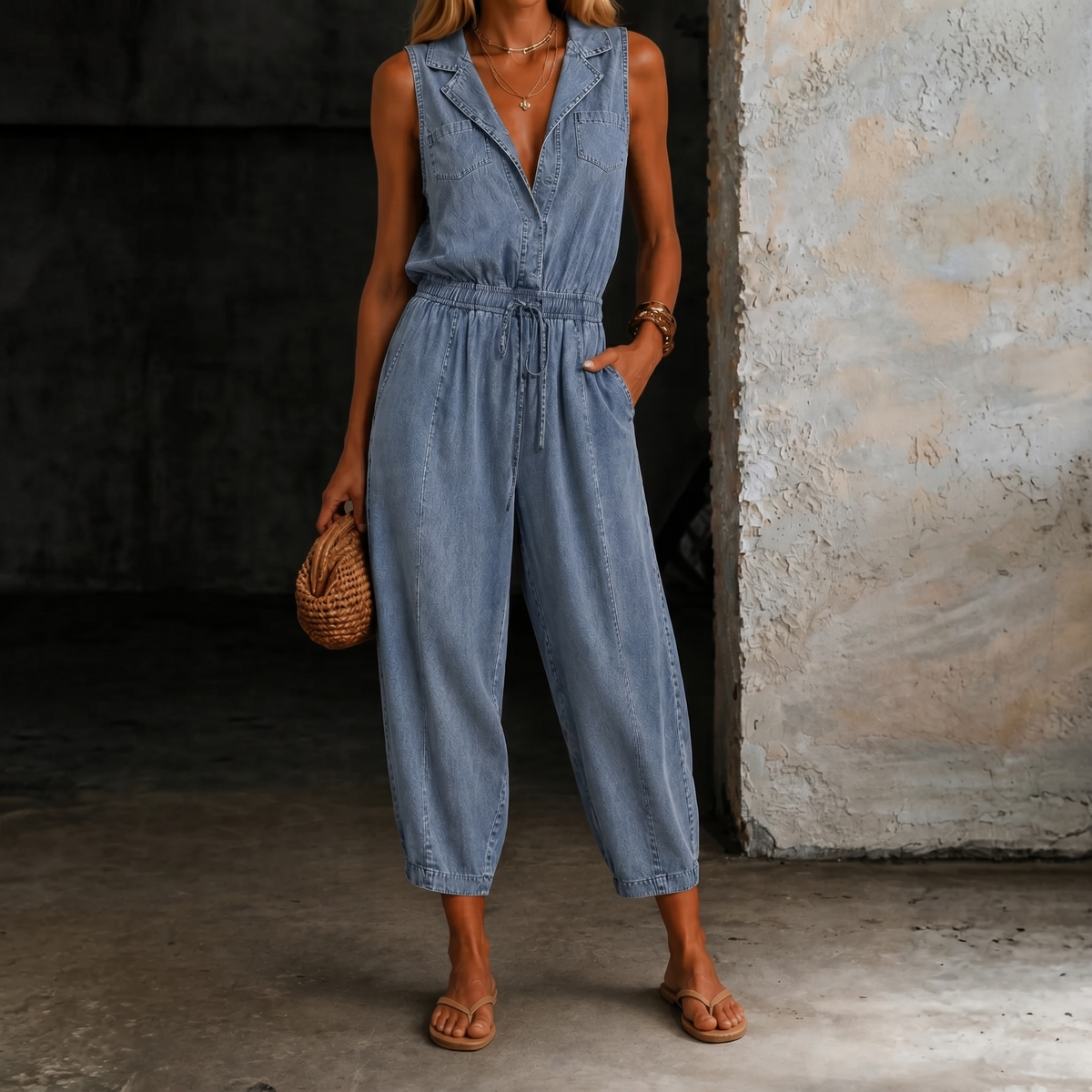 Blue sleeveless denim jumpsuit, V-neck, drawstring waist