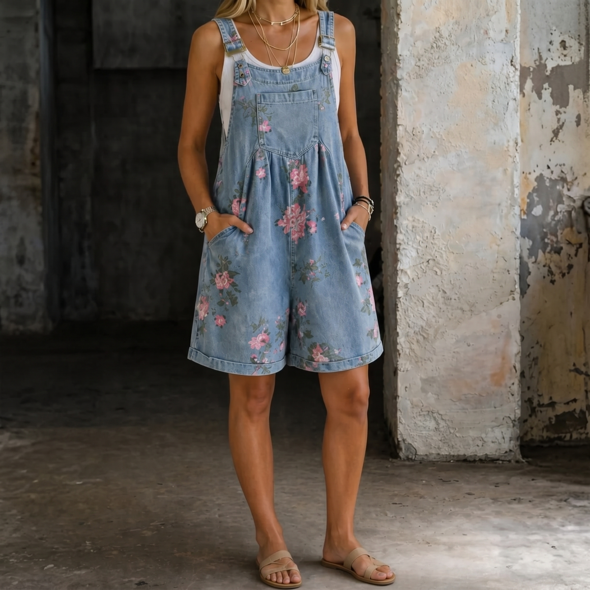 Blue floral denim sleeveless jumpsuit, square neckline, button front, side pockets