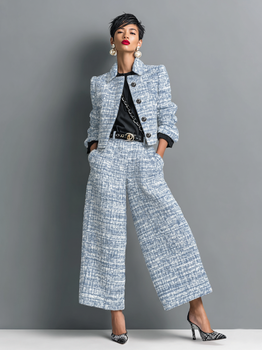 Tailored blazer and wide-leg trousers set in light blue textured fabric, button-front jacket
