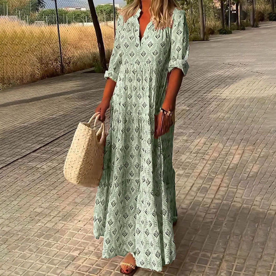 Boho maxi dress, sage green leaf print, V-neck with 3/4 sleeves and tiered skirt