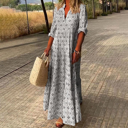 Boho maxi dress, white-and-grey leaf pattern, V-neck with 3/4 sleeves