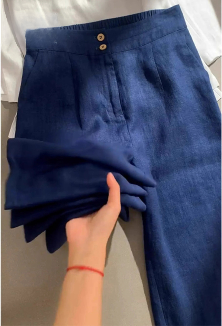 Navy wide-leg pants with buttoned waistband and front pleats