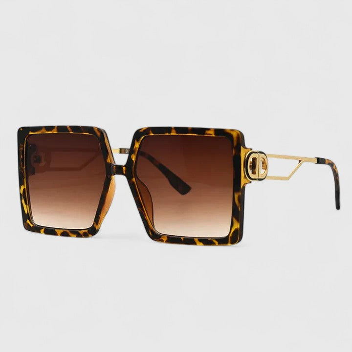 Leopard brown square sunglasses with gold emblem and dark brown lenses