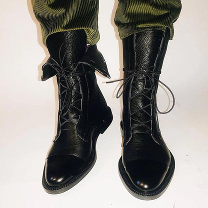 Selene™ black lace-up heeled boots with pointed toe and side zipper